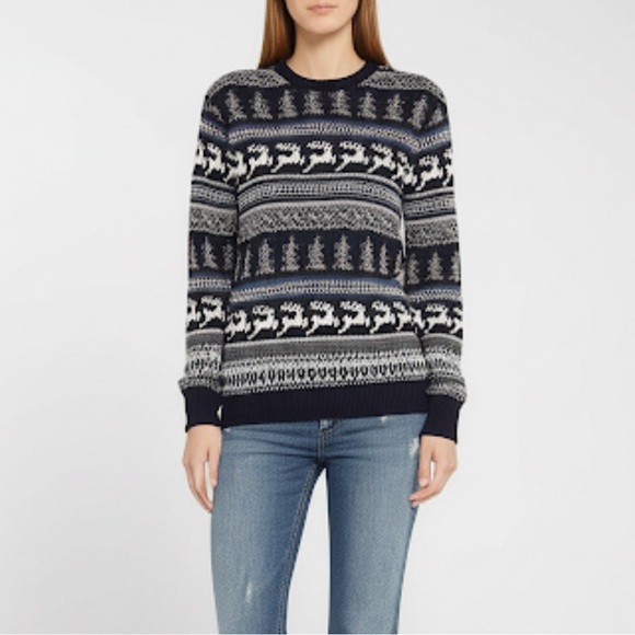029-003 ASPEN Sweater Size XL Fair Isle Deer Tree 100%‎ Cotton Knit Winter Blue - Picture 1 of 7